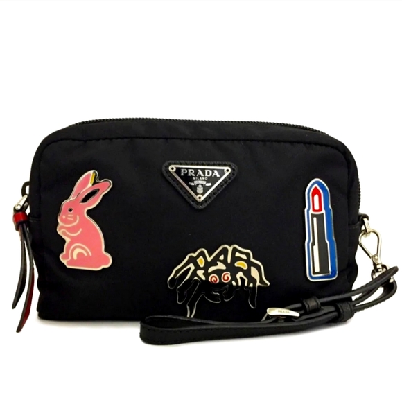PRADA LOGO PLATE NYLON LEATHER COSMETIC POUCH BAG/1A8344 - Picture 1 of 13